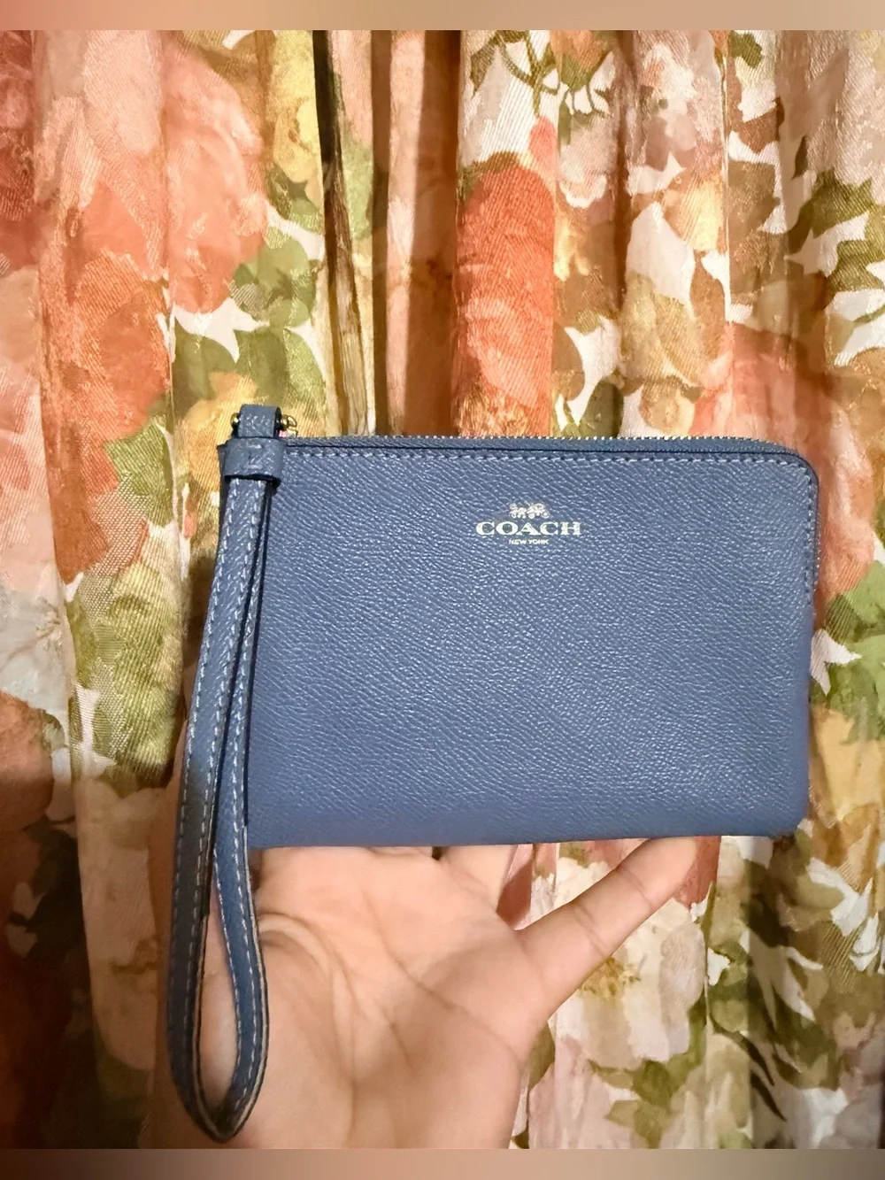 Coach Blue Leather Wristlet with Gold Logo